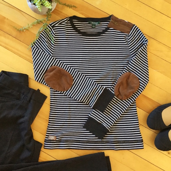 Lauren Ralph Lauren Tops - ⛔️SOLD⛔️ LRL Striped B&W Suede Elbow Patch Tee -M